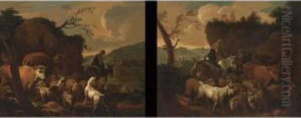 A Shepherdess On A Donkey And 
Her Herd Travelling; A Shepherd And His Wife With Their Herd Resting (a 
Pair) Oil Painting by Johann Melchior Roos
