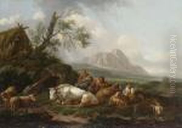 Lagernde Hirtenfamilie Mit Vieh
 Nahe Einer Strohgedeckten Hutte In Weiter
 Gebirgslandschaft. Oil Painting by Joseph Rosa Roos