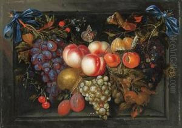 A Swag Of Grapes, Peaches, 
Plums, Blackberries, Cherries, Figs,apricots, A Pear And A Poplar 
Admiral Oil Painting by Jacob Rootius