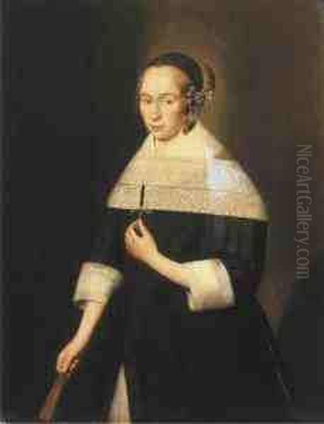 Portrait Of A Young Lady, Aged 
24, Three-quarter-length, In A Blackdress With A White Lace Collar, A 
Lace Head-dress And Dropearrings, Holding A Fan Oil Painting by Jan Albertz. Rotius