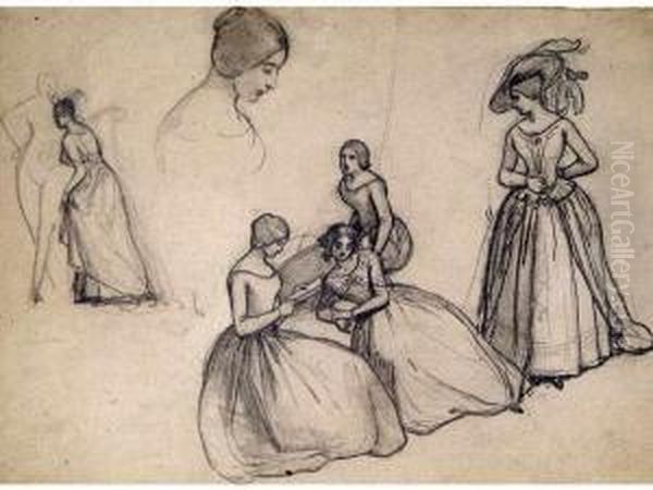 Jeunes Filles Lisant Crayon Sur 
Papier Etude Pour Le Tableau Du Musee De Grasse. 24.70 X 32.50 Cm Oil Painting by Camille-Joseph-Etienne Roqueplan