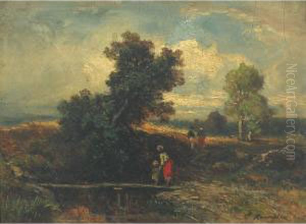 Mother And Child On A Bridge Oil Painting by Camille-Joseph-Etienne Roqueplan