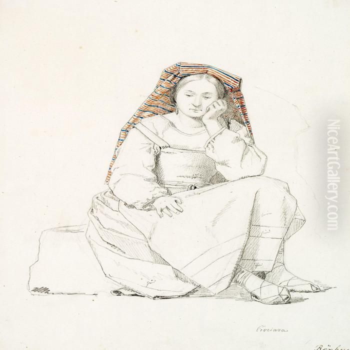 Sitting Italian Woman Wearing A Striped Headscarf Oil Painting by Martinus Rorbye
