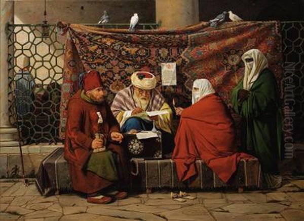 A Turkish Notary Drawing Up A 
Marriage Contract In Front Of The Kilic Ali Pasha Mosque, Tophane, 
Constantinople Oil Painting by Martinus Rorbye