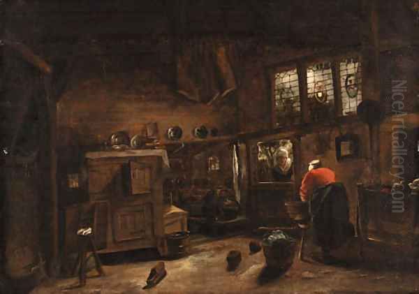 A cottage interior with a washerwoman Oil Painting by Cornelius Decker
