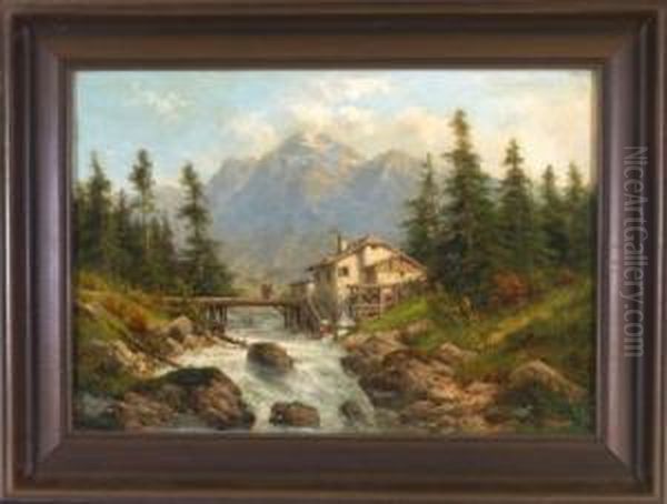Wanderer Mit Kraxe Und Bauerin 
Beim Befullen Eines Eimers Bei Einer Wassermuhle Am Wildbach In 
Bewaldeter Berglandschaft Oil Painting by Karl Julius Rose