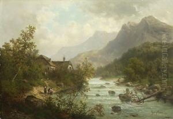 Gebirgslandschaft Mit
 Fluss. Oil Painting by Karl Julius Rose