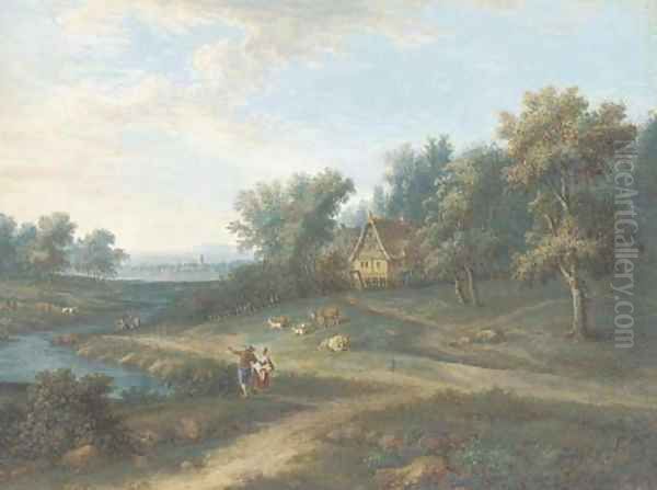 An extensive landscape with two figures by a stream Oil Painting by Johann Christoph Dietzsch