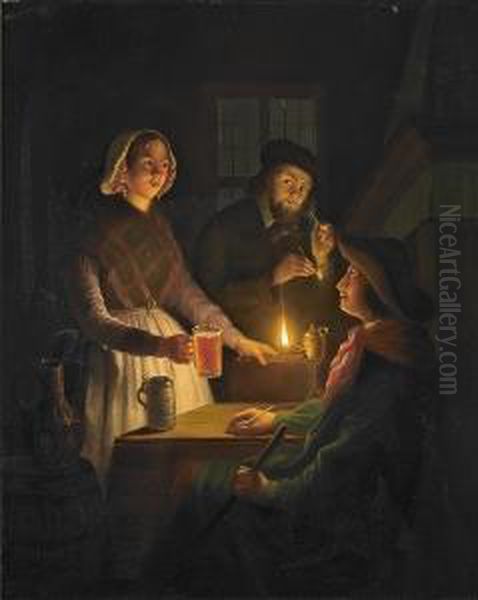 Pubscenery With People By Lamplight Oil Painting by Johannes Rosierse