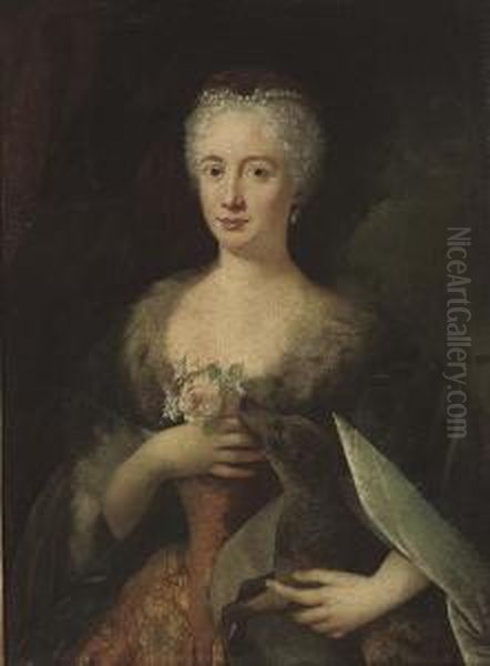 Portrait Of A Lady, Half-length,
 In A Blue Fur-trimmed Cloak, Holding A Dog Under Her Left Hand, And A 
Pink Rose With Other Flowers In Her Right Oil Painting by Alexander Roslin