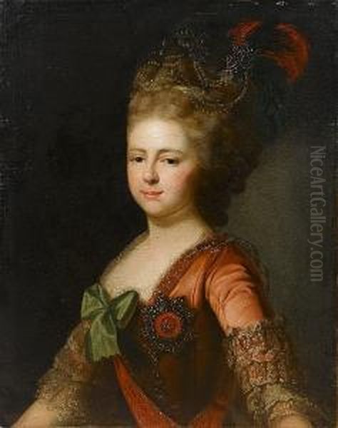 Portrait Of Archduchess Maria 
Feodorovna, Half-length, In A Coral, Lace-trimmed Dress With A Green 
Bow, Wearing The Imperial Order Of St. Catherine The Great Martyr Oil Painting by Alexander Roslin