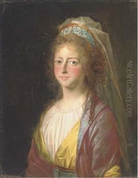 Portrait Of A Lady, Bust-length,
 In A Pink Costume; Traditionallyidentified As Sophia Magdalena Of 
Denmark Wife To King Gustav Iiiof Sweden Oil Painting by Alexander Roslin