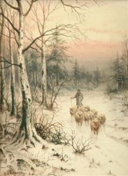 Sheep Andshepherd In A Snowy 
Lane Horses And Figure On A Snowy Road Coachand Horses Outside A Tavern 
In The Snow Three Oil Painting by Joseph Halford Ross