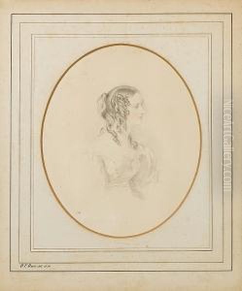 A Lady, Called Ann Ashley Lake, 
Profile To Right, Wearing Dress With Gigot Sleeves, Trimmed At The Neck 
With Lace, A Brooch Pinned To Her Breast, Her Hair Worn In Ringlets . Oil Painting by William Charles Ross