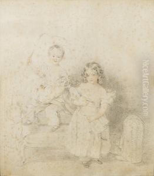 A Boy And A Girl; He Wearing 
Dress With Sashed Waist And Puffed Sleeves, Pantalettes And 
Ankle-strapped Shoes, Standing In An Armchair With A Riding Crop In His 
Raised Right Hand; She Wearing Dress With Puffed And Frilled Sleeves, 
Pantalettes And  Oil Painting by William Charles Ross