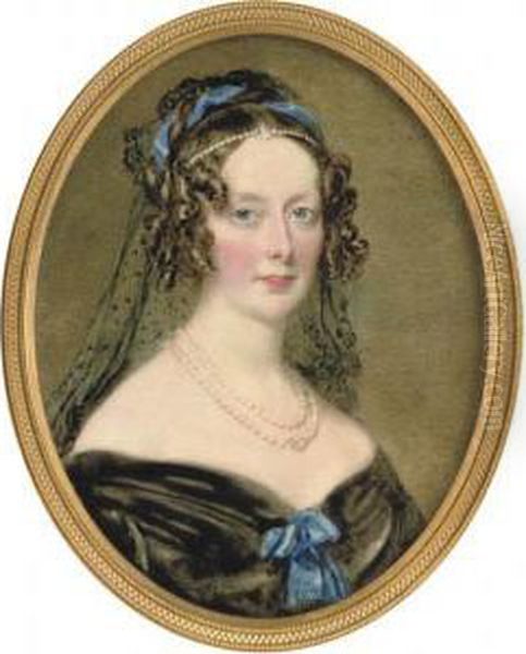 A Lady Of The Airlie Family, In 
Off-the-shoulder Black Velvet Dress With Bright Blue Ribbon Tied At 
Corsage, Double Strand Pearl Necklace, Strand Of Pearls And Bright Blue 
Ribbon Twisted In Her Dark Hair Dressed In Ringlets, Falling Black 
Spotted  Oil Painting by William Charles Ross