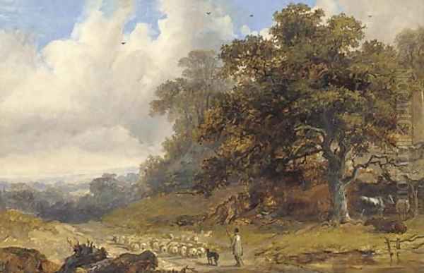 A shepherd with his flock in an extensive landscape Oil Painting by John Dearman