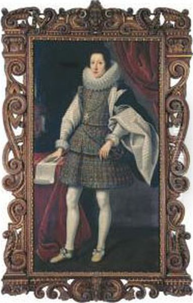 Portrait Of Ferdinando Ii De' 
Medici (1610-1670), Full-length, In Agold-embroidered Dress With Lace 
Ruff Collar, Wearing The Order Ofsanto Stefano, With His Right Hand 
Resting On The Plan Of Afortress Oil Painting by Matteo Rosselli