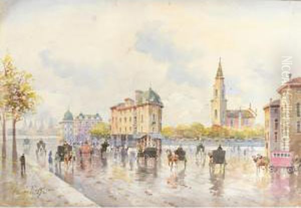 Strada Cittadina Con Carrozze Oil Painting by Alberto Rossi