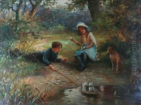 The Wind In Their Sails, Children Playing Withtoy Boats By The Waters Edge Oil Painting by Alexander M. Rossi