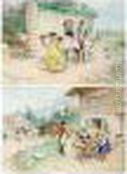 The Visitors; Outside The Inn, A
 Pair, Both Signed, Watercolour , Each 35 X 50 Cm.; 13 3/4 X 19 3/4 In Oil Painting by Lucius Rossi