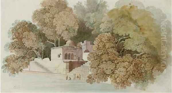 An Indian residence with figures washing in the river below Oil Painting by William Daniell RA