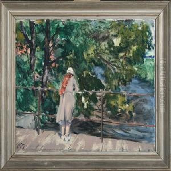 Woman On A Bridge Oil Painting by Peter Rostrup Boyesen
