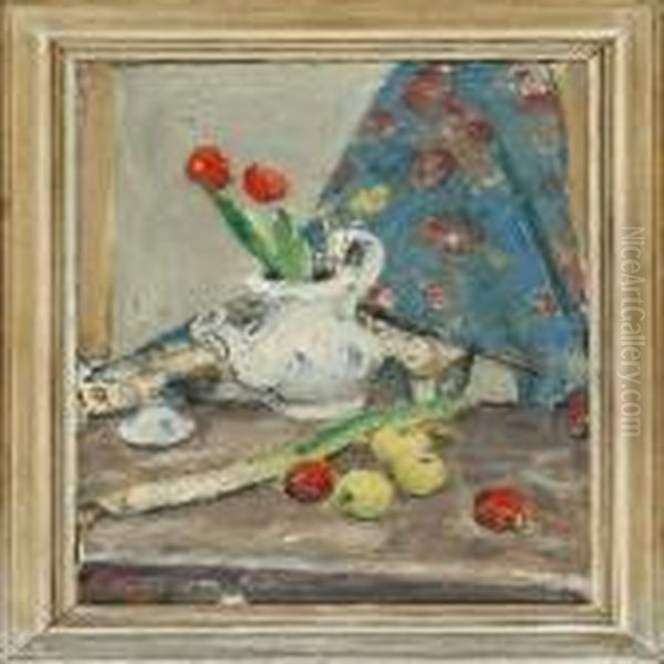 Still Life Withflowers And Apples Oil Painting by Peter Rostrup Boyesen