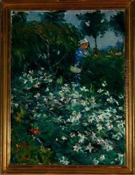 Bla Dame I Blomsterhaven Oil Painting by Peter Rostrup Boyesen