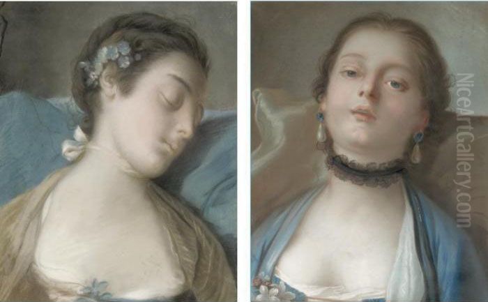 Portrait Of A Sleeping Girl, 
Head And Shoulders, Wearing A Pink Dress; Portrait Of A Girl, Head And 
Shoulders, Wearing Blue Dress And A Lace Choker Oil Painting by Pietro Antonio Rotari