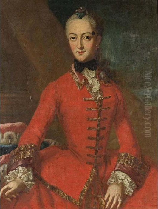 A Portrait Of A Noblewoman, 
Three-quarter Length, Wearing A Red Dress With Lace Sleeves And Collar Oil Painting by Pietro Antonio Rotari