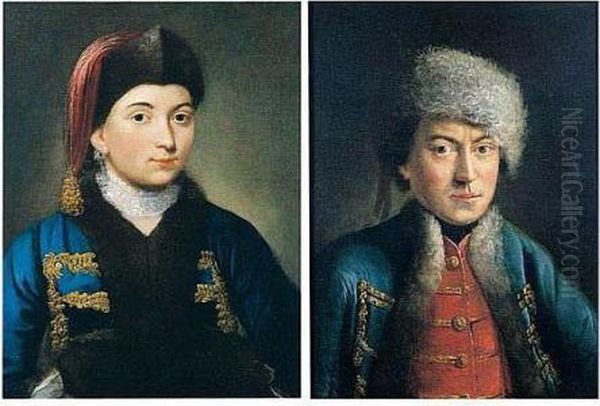 Portrait Of A Lady And A 
Gentleman, Half-length, The Former Wearing A Black Hat, A Silk Collar 
And A Brown Fur Above A Blue Coat, The Latter A Grey Hat With A Blue 
Coat Above A Red Jacket Oil Painting by Pietro Antonio Rotari
