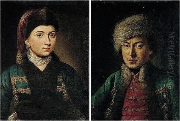 Portraits Of A Gentleman And A 
Lady, Half Lengths, He Wearing A Blue Coat And Fur Hat, She A Blue Coat 
With Gold Braid And A Fur Hat Oil Painting by Pietro Antonio Rotari