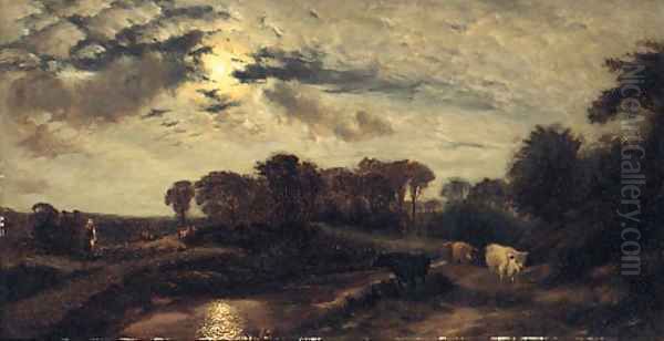 Cattle in a moonlit River Landscape Oil Painting by Henry William Banks Davis, R.A.