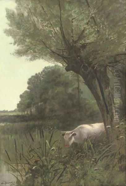 A cow watering at a wooded pool Oil Painting by Henry William Banks Davis, R.A.