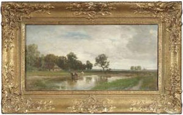Bavarian Landscape With A 
Farmstead And Cows At A Stretch Of Water. In The Background Probably The
 Silhouette Of Munich Oil Painting by Philipp Roth