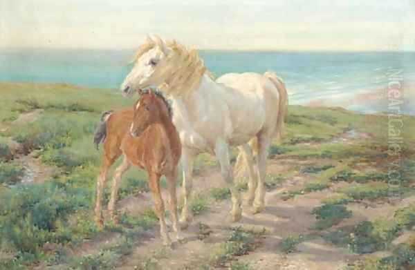 A mare and foal on a clifftop Oil Painting by Henry William Banks Davis, R.A.