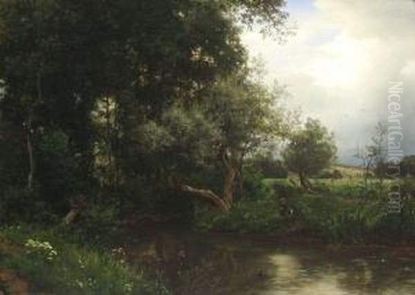 Angelnde Kinder Am Sommerlichen
 Waldbach. Oil Painting by Philipp Roth