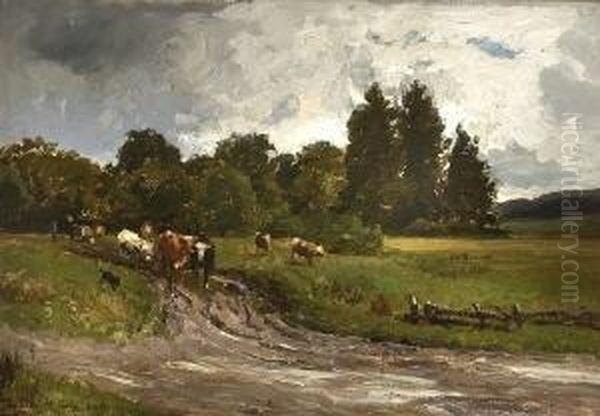 Baumlandschaft Mit Kuhherde An Der
 Weggabelung. Oil Painting by Philipp Roth