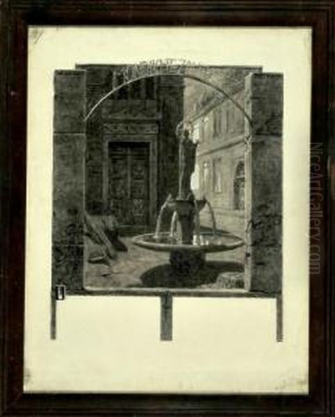 Entwurfszeichnung - Blick Durch 
Eine Maueroffnung Auf Einem Nachtlichen Stadtbrunnen Mit Heiligem Oil Painting by Alexander Rothaug