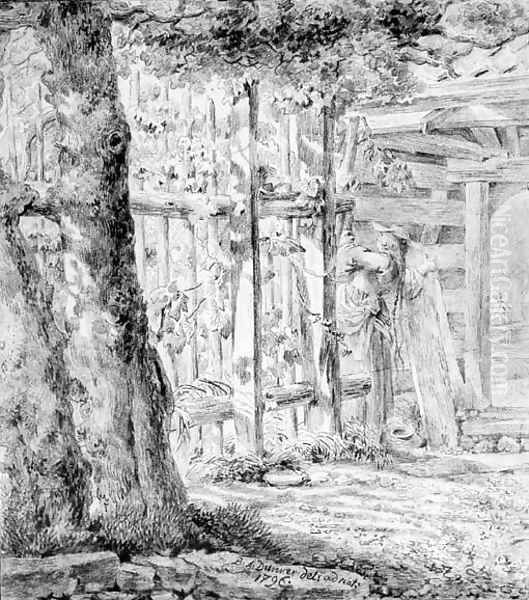 An amorous Couple embracing by a Fence in a Garden Oil Painting by Balthasar Anton Dunker