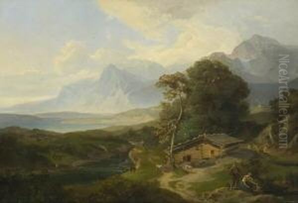 Gebirgslandschaft Mit Fluss Und Sennhutte. Oil Painting by Carl Rottmann