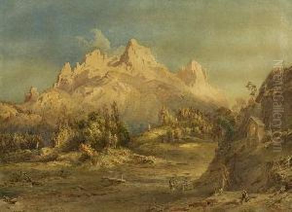 Bauernfamilie Am Bildstock In
 Gebirgslandschaft. Oil Painting by Leopold Rottmann