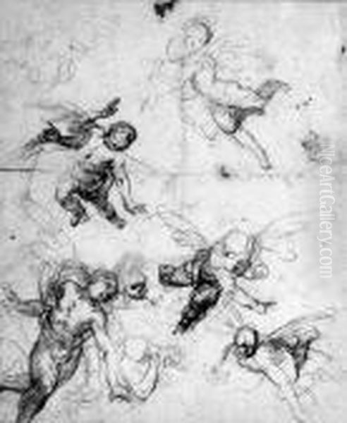 Angels In Flight (recto And Verso) Oil Painting by Johann Michael Rottmayr