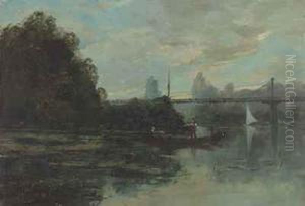 Flusslandschaft Mit Netzfischern Oil Painting by Alfred Rouby