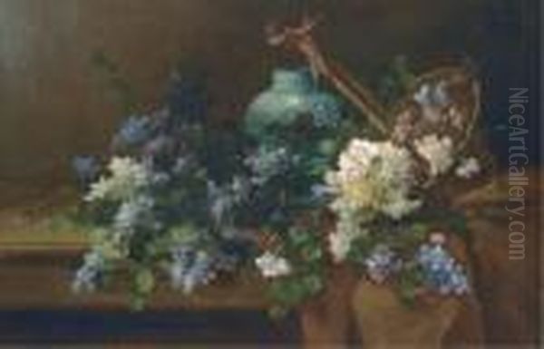 Carnations, Hyacinths And Other 
Summer Flowers Overflowing From A Basket By A Vase On A Draped Table Oil Painting by Alfred Rouby