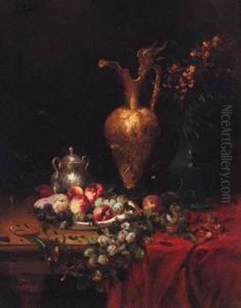 Brass And Silver Jugs Standing 
Next To An Overflowing Bowl Ofpeaches, Plums And Apples On A Table Oil Painting by Alfred Rouby