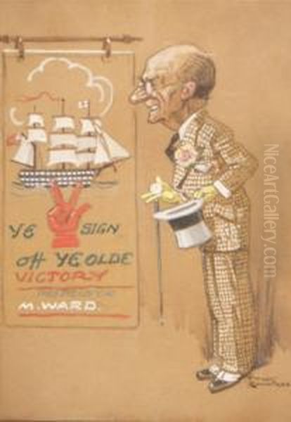 Cartoon Of A Gentleman Wearing A
 Check Suit And Holding A Top Hat Looking At A Sign Ye V Sign Off Ye 
Olde Victory Proprietor M Ward Oil Painting by Harry Rountree