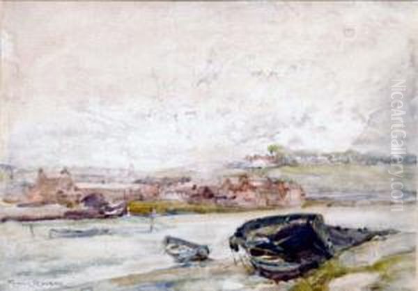 Rouse British Boat Moored On A 
River Bank, Village Beyond Watercolour Signed 24 X 34 Cms Illustrated Oil Painting by Frank Rousse