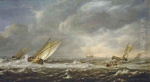 Fishing boats in choppy seas off the coast Oil Painting by Hieronymus Van Diest